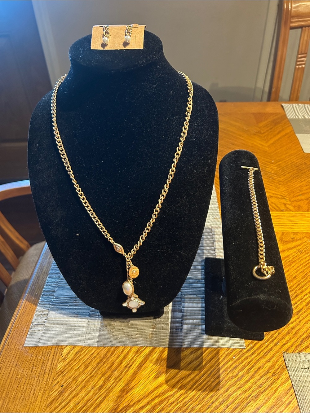 Gold-Tone Pearl Pendant Necklace, earrings and Bracelet Set - Gold tone